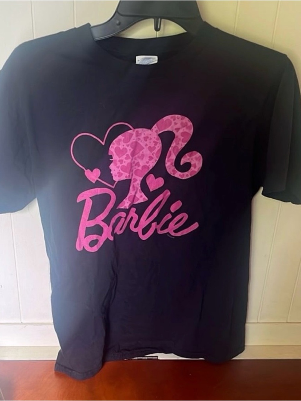 Barbie Black Tee with Pink Logo & Heart Ponytail Graphic